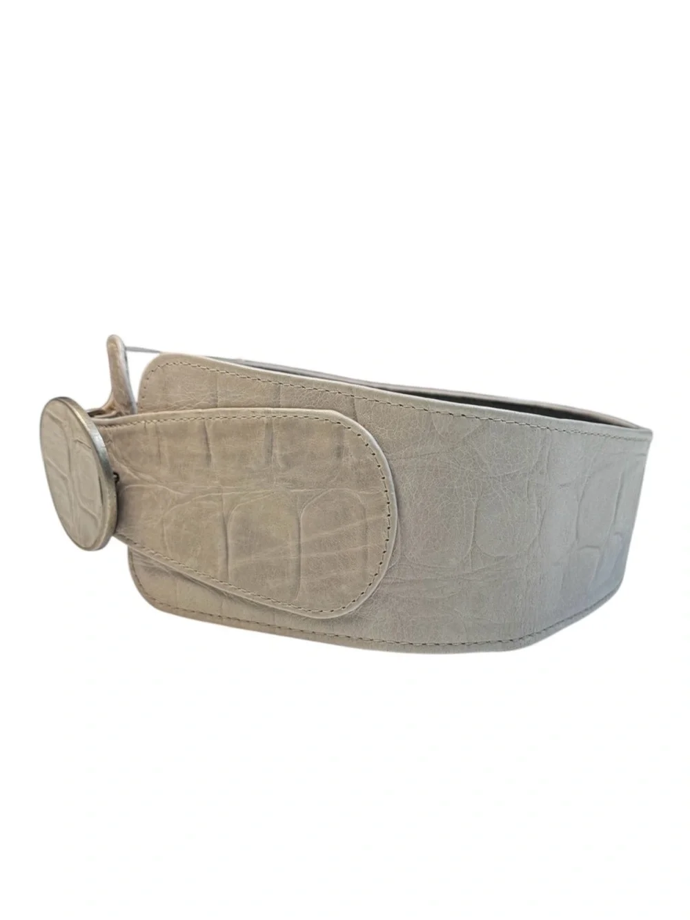 Vintage MO by Maria Roca Wide Waist Cummerbund Belt Croc Embossed Gray Leather L